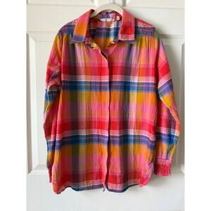 Soft Surroundings Rainbow Plaid Boho Button Down Large Pride Summer Festival